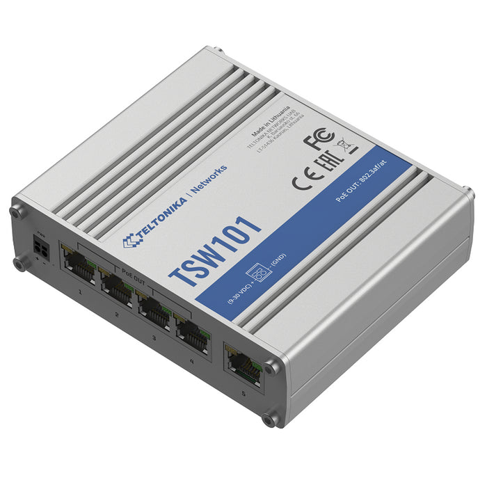 Teltonika TSW101 4+1 Port Gigabit Unmanaged 9 - 30V DC in to 802.3af/at PoE Out Switch for Solar and Automotive Applications