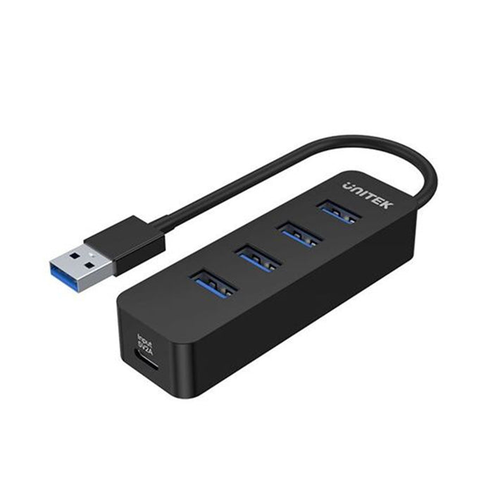 Unitek H1117A  USB 3.0 4-Port Hub with      USB-A Connector Cable. Includes 4x USB-APorts1xUSB-CPower Port 5V 2A. Data Transfer Rate up to 5Gbps. Plug & Play. Black Colour.