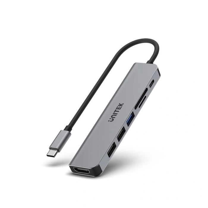 Unitek 7-in-1 Multi-Port Hub with USB-C Connector. Includes 3x USB-A Ports 1x HDMISD&MicroSDSlotsUSB-C Charging Port with 100W PD. 5Gbps SuperSpeed Data-Sync. Space Grey Colour.