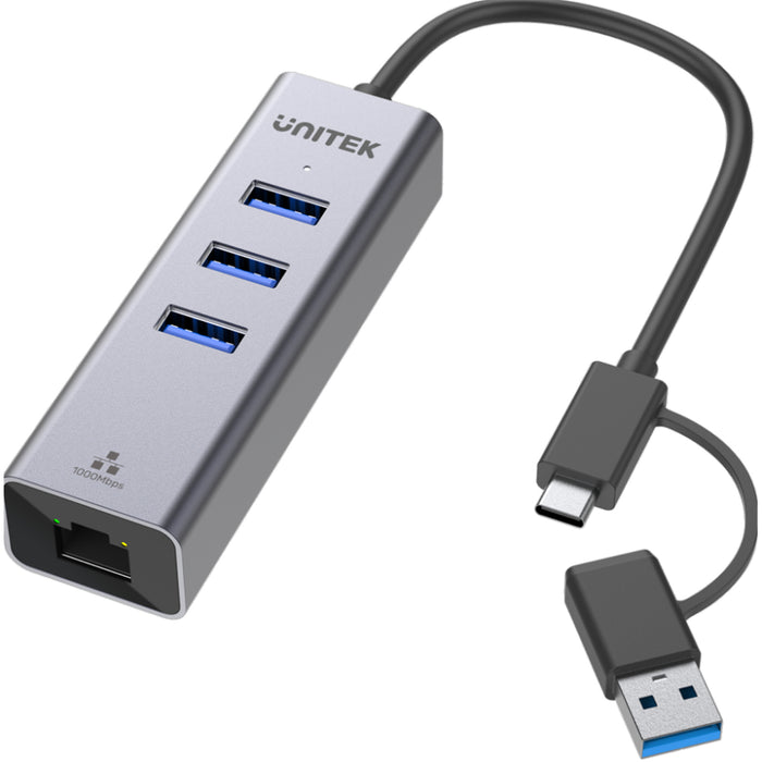 Unitek Y-3088B 4-in-1 USB Multi-port Hub with 2-in-1 Connectors (USB-C & USB-A). Includes 3x USB-A 3.0Ports 1x Gigabit Ethernet RJ45 Port Plug & Play. AluminiumIn Alloy Housing. Space Grey Colour.