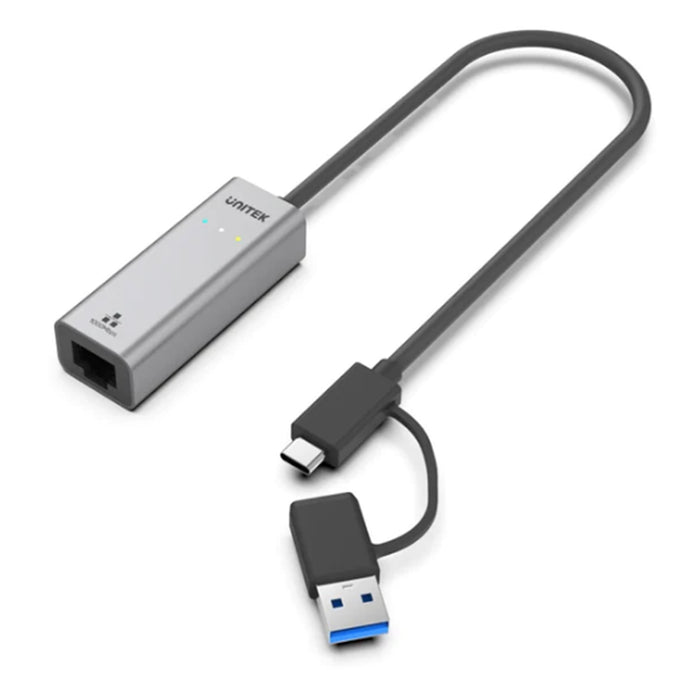 Unitek Y-3465A USB to Gig Ethernet Adapter with 2-in-1 Connectors (USB-C & USB-A) Supports up to 5Gbps Supports IEEE 802.3 Aluminium Alloy Housing 30cm Cable Space Grey Colour.