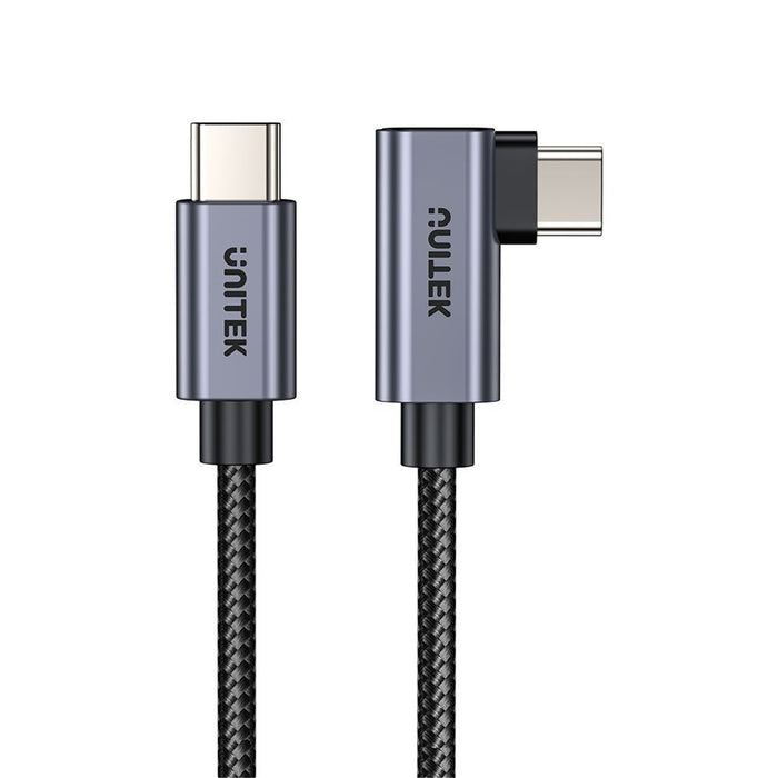Unitek 2m USB-C to Right Angled 90 Degree USB-C Connector. Supports 100W PD Fast Charging &USBPD3.0/QC3.0. Supports 20/5A. Data Transfer Speed up to 480Mbps. Aluminium Alloy/Space Grey.