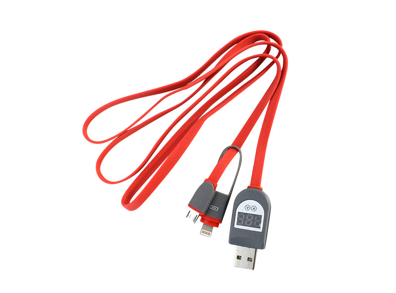 2in1 USB to MicroUSB or Lightning Flat Cable with digital LCD display voltage and current - RED