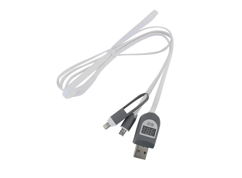 2in1 USB to MicroUSB or Lightning Flat Cable with digital LCD display voltage and current - WHITE