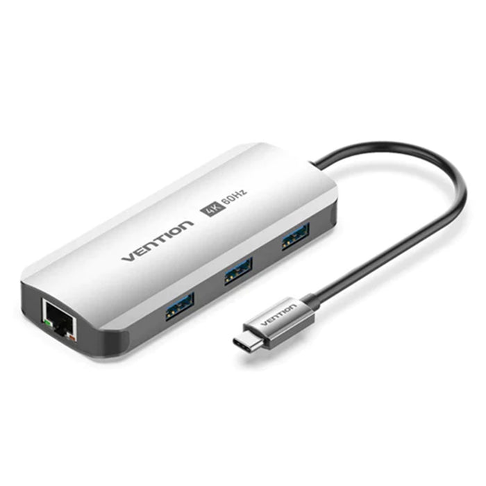 Vention TQHHB  USB-C to HDMI/USB 3.0 x3/RJ45/PD Docking Station 0.15M Gray Aluminum Alloy Type