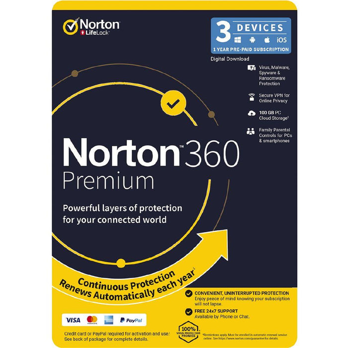 NortonLifeLock Norton 360 Premium 1 User  3 Devices 12 month 100GB PC Cloud Backup  Includes Secure VPN  Generic ENR RSP DVDSLV GUM