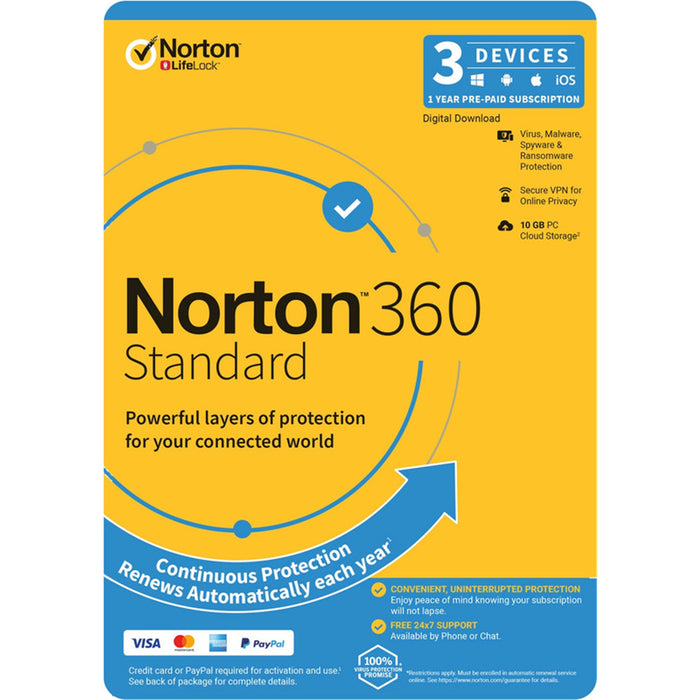 NortonLifeLock Norton 360 Standard 1 User 3 Devices 12 months 10GB PC Cloud Backup Includes Secure VPN  1 year OEM Attach