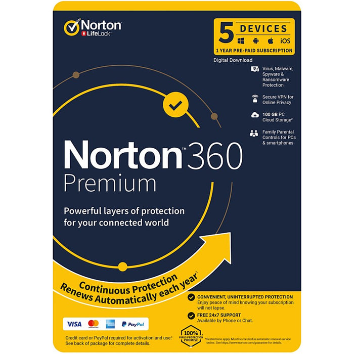 NortonLifeLock Norton 360 Premium 1 User  5 Devices 12 month 100GB PC Cloud Backup  Includes Secure VPN  Generic ENR RSP DVDSLV GUM