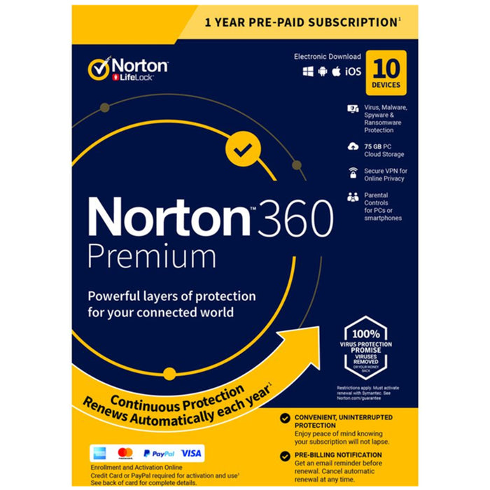 NortonLifeLock Norton 360 Premium 1 User 10 Devices 12 month 100GB PC Cloud Backup  Includes Secure VPN