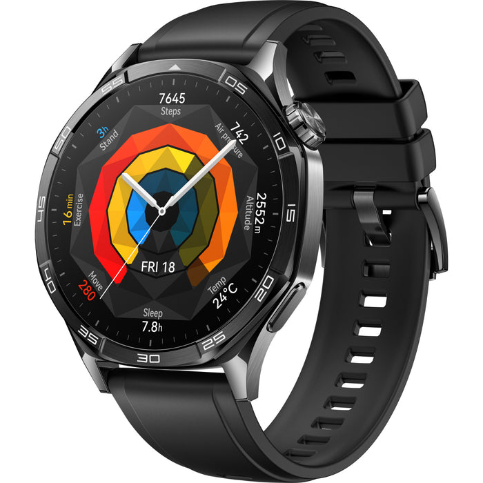 Huawei Watch GT 5 46mm Smart Watch - Black with Stainless Steel case and Black Fluoroelastomer Strap 1.43" AMOLED Display - Up to 14 Days Battery Life - 5ATM IP69K Water Resistance - Dual-Band GPS - Huawei TruSense Health System - Bluetooth Calls